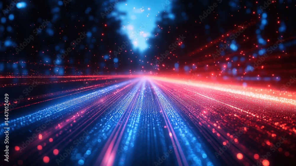 Poster futuristic highway with flowing luminous data streams in vibrant hues