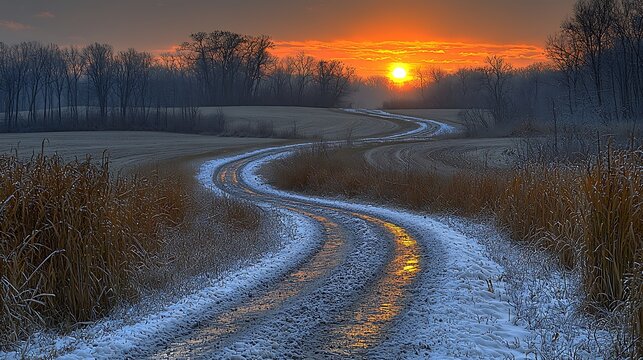 Winding road through snowy field at sunset