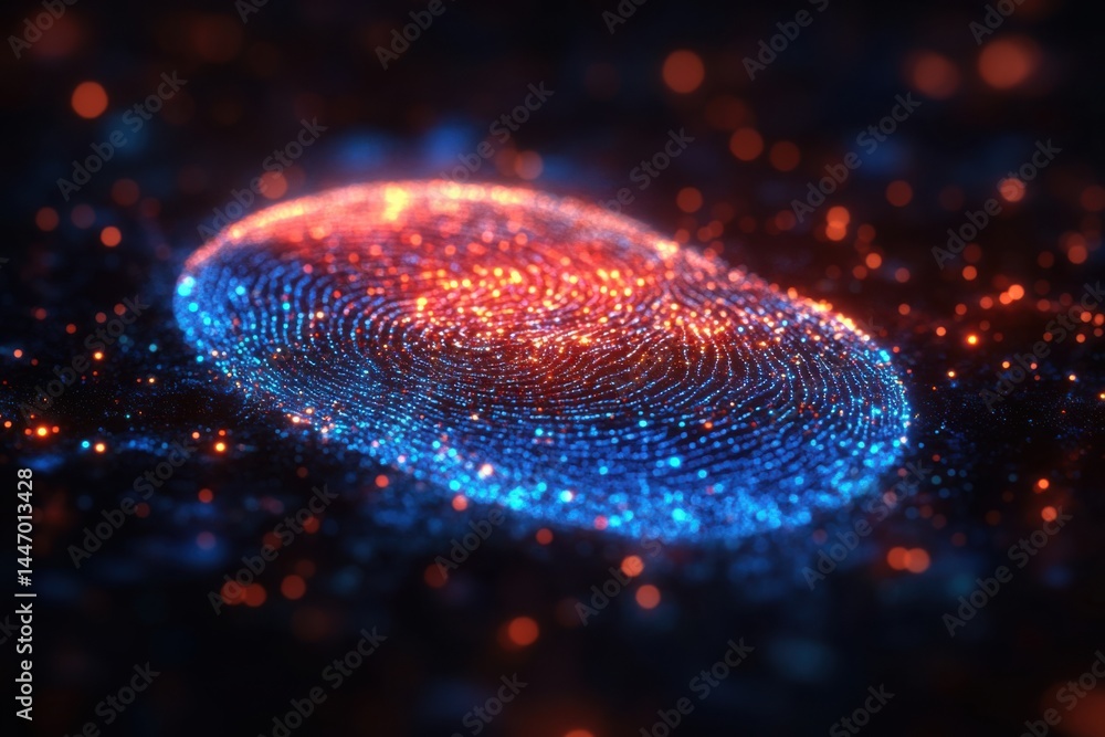 Poster glowing digital fingerprint: data security and biometric authentication concept