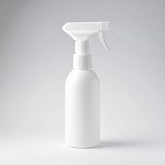 A sleek white spray bottle with a glossy finish, featuring a foamy residue on the side, suggesting recent use for cleaning or personal care.