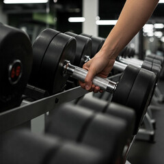 Fototapeta premium dumbbell in gym. Rows of dumbbells in the gym with hand. close up of hand lifting dumbbells.
