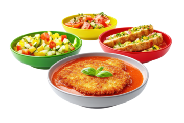 Four colorful bowls containing tomato soup, veggies, a chopped salad, and cheesy fried bread