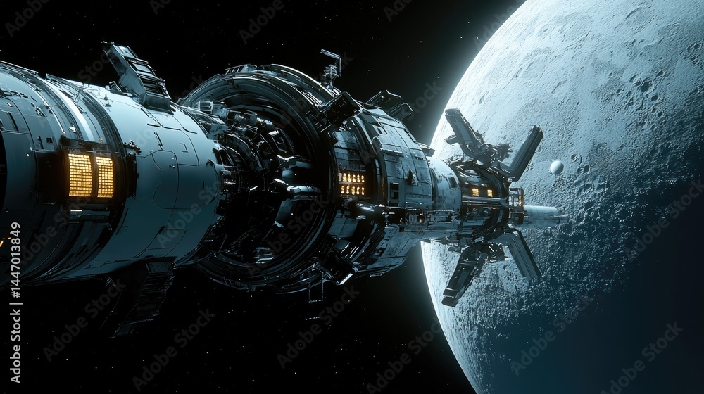 Poster a large spaceship is orbiting a planet in deep space