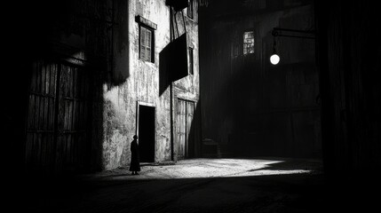 Obraz premium A solitary figure stands in a dimly lit alleyway at night