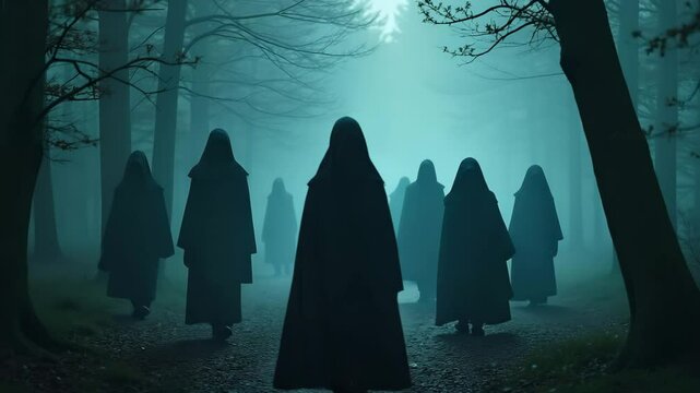 A hooded woman leading a secret society of magicians through a misty midnight forest