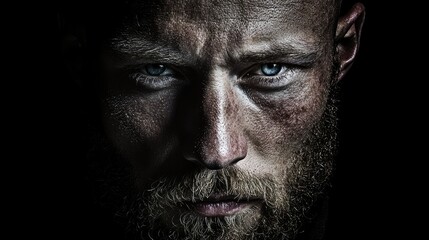 Obraz premium A weathered close up of a man with striking blue eyes