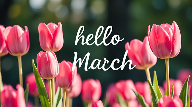 Pink tulips and bokeh light background with hello march text for spring
