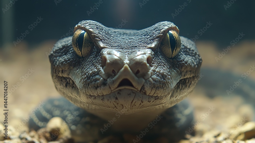 Poster intriguing close-up portrait captures the speckled head of a snake with a unique triangular face and