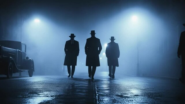 Vintage aesthetic of three mysterious figures walking on a foggy street at night time