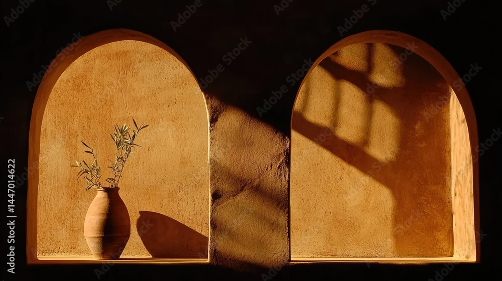 Poster a pottery vase with greenery sits within a rustic archway