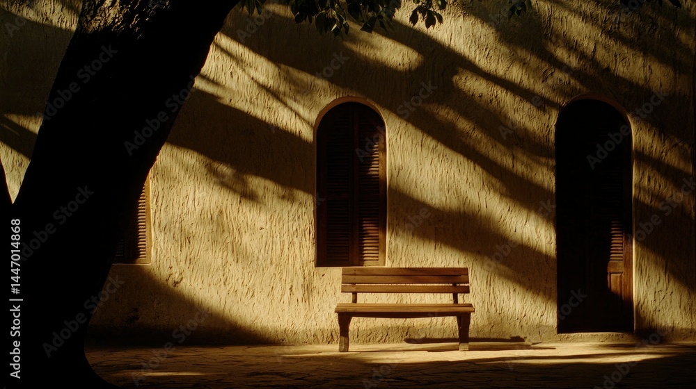 Poster a wooden bench and arched windows receive tree shadow patterns