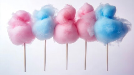 Five cotton candy swirls on sticks, pink and blue.