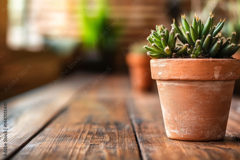Poster diverse cactus plants in a textured pot create a striking visual on a wooden table, enhanced by natu