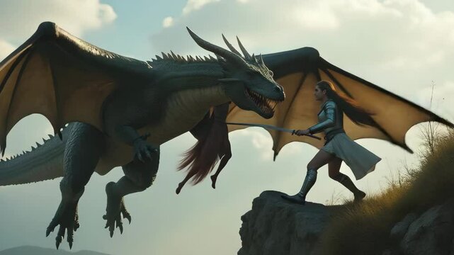 A dragon clutching a kidnapped princess as a fearless woman in silver armor gives chase across a cliff