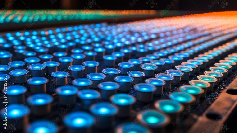 Poster A detailed close-up view of a circuit board illuminated by blue and green LEDs reveals intricate designs and textures, enhancing the visual depth and complexity