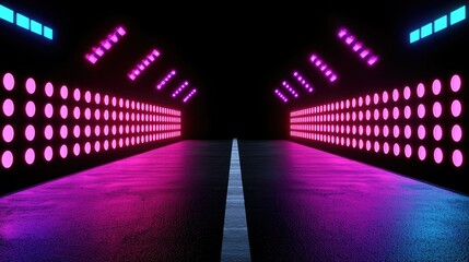 A futuristic tunnel with neon lights and a center line