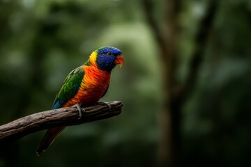 Obraz premium A vibrant bird rests on a branch surrounded by rich green foliage, highlighting the beauty of wildlife in a tranquil forest setting