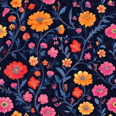 Vibrant Floral Pattern on Dark Background for Stylish Design Themes