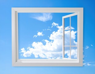 A large window frames a vibrant blue sky dotted with fluffy white clouds, casting soft light into the room, creating a serene and airy atmosphere.