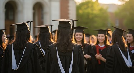 Obraz premium Group of graduates in black gowns and mortarboards celebrate their graduation, standing together outdoors under warm sunlight with a blurred background.