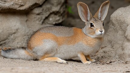 Naklejka premium Curiousandalert hare resting among arid rocks, displaying adaptive camouflage in a natural habitat showcasing wildlife conservation efforts and habitat preservation efforts
