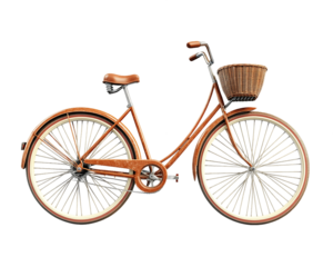 Vintage Brown Bicycle with Wicker Basket on Transparent Background, PNG