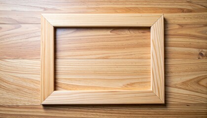 A rustic wooden frame rests on a polished wooden floor, showcasing its natural grain and texture, with soft shadows enhancing its warm tones.