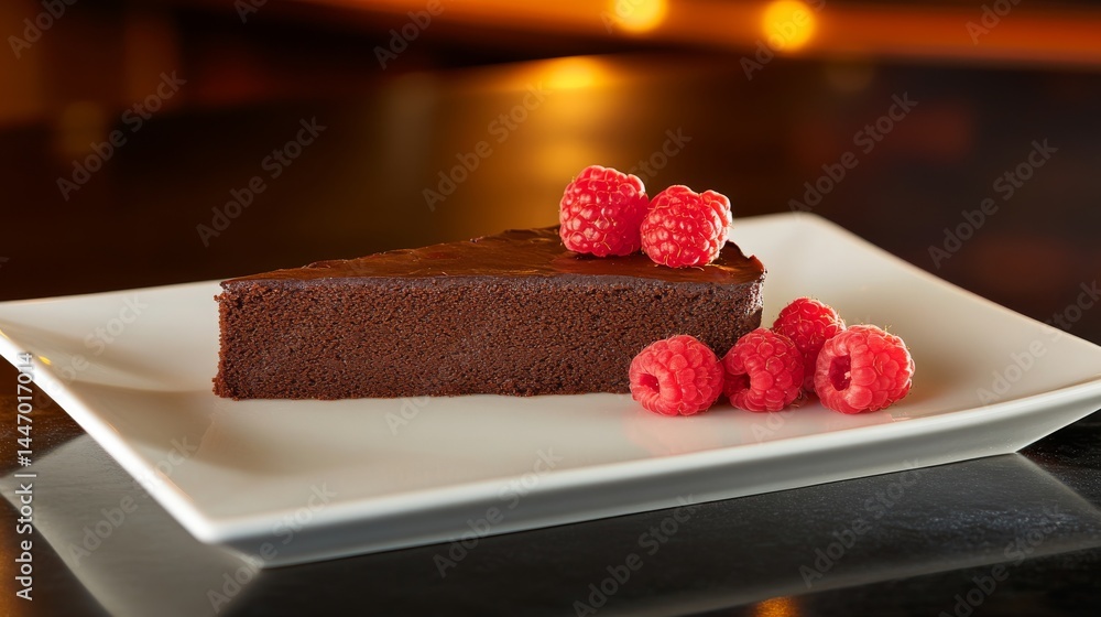 Poster rich layers of chocolate cake topped with bright raspberries resting on a fine white plate illuminat
