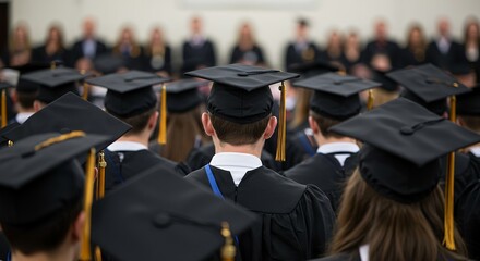 Rear view of college graduates in black gowns and mortarboards at graduation ceremony, celebrating academic achievement, education, and future prospects.