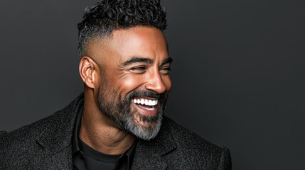 Obraz premium Smiling man with grey beard and dark hair looking happy