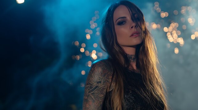 Portrait of a woman with detailed tattoo art style