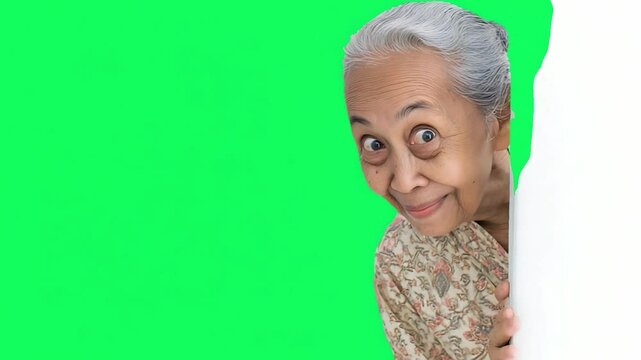 Peeking with Curiosity: An elderly woman with kind eyes and a playful smile peeks around a corner with a mischievous twinkle in her eyes, showcasing the ageless wonder of a curious soul.