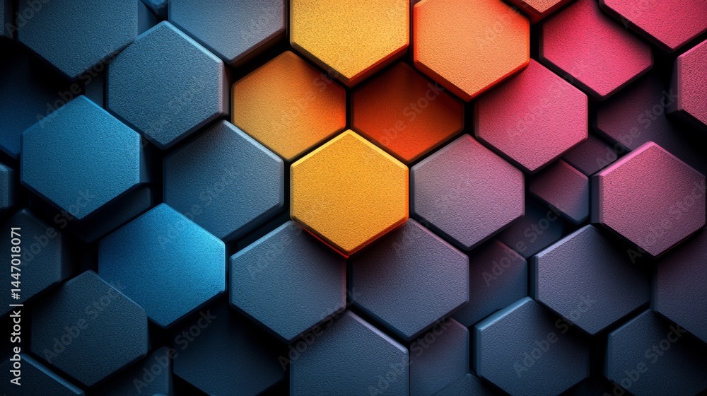 Poster dynamic hexagon array with a playful spectrum of colors, highlighting depth and dimensionality in a 