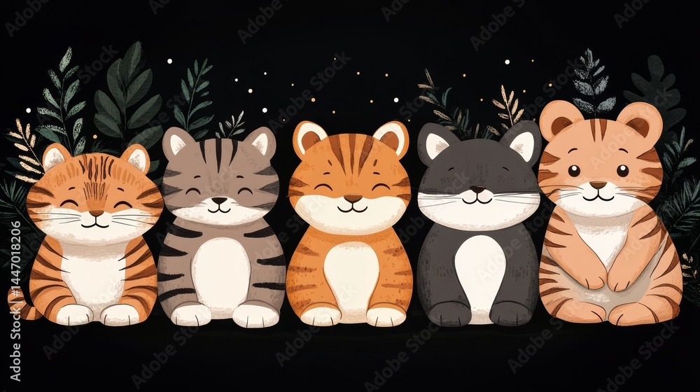 Poster charming pixel art of five sitting felines displaying a variety of patterns and colors with a backgr