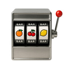 Polished metal three-reel slot machine featuring vibrant fruit and traditional BAR symbols with a prominent red lever.