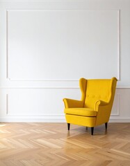 A vibrant yellow chair sits prominently in front of a blank, white wall, creating a striking contrast that adds a pop of color to the minimalist space.