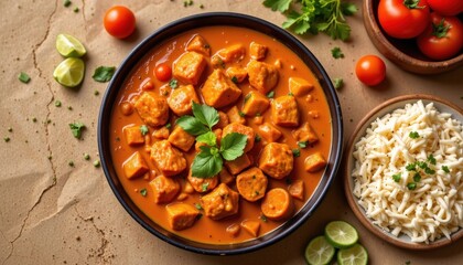 Vibrant curry set in the center left corner on a tan background, in a modern food photography style, with warm lighting warmth, open space, high resolution