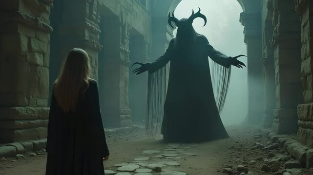 A lone woman in a tattered cloak facing an ancient evil entity in the ruins of a forgotten temple