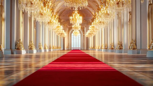 Luxurious Ballroom with Red Carpet and Elegant Chandeliers for High-End Events