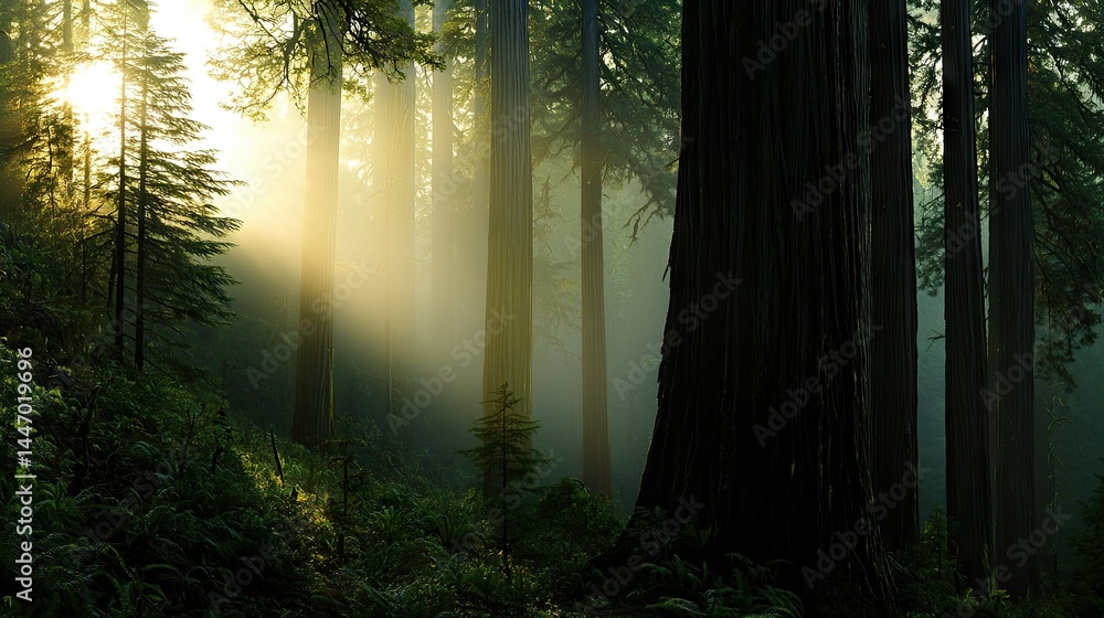 Poster light shining through towering trees in a lush evergreen forest