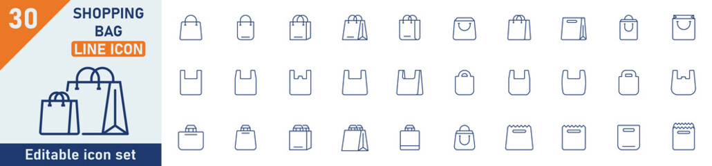 Shopping bag line icon set. Set of 30 outline icons related to shopping bag, plastic bag, paper bag, tote bag, shopping and others. Editable stroke. Vector illustration.