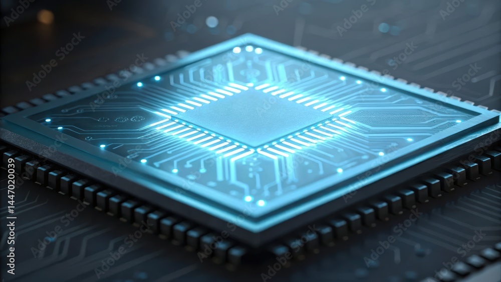 Poster futuristic microchip on a circuit board, illuminated with blue light, showcasing intricate patterns 