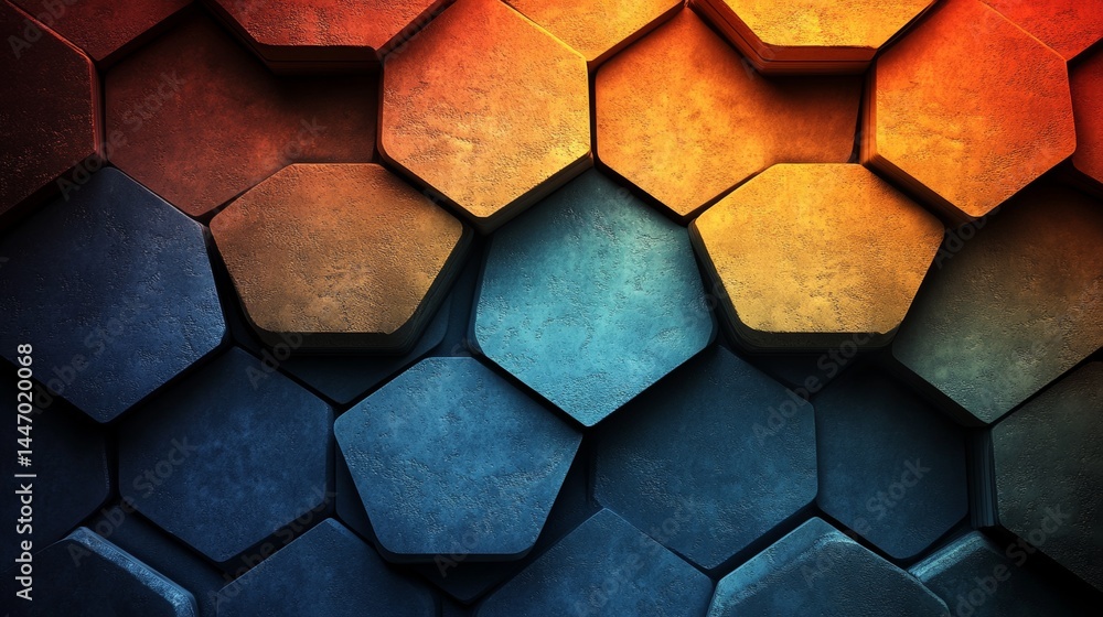 Poster hexagonal texture gradient of warm and cool tones, geometric abstract pattern with depth and shadow 