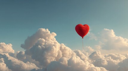 Fototapeta premium Red heart balloon floats above clouds