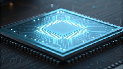 Futuristic microchip on a circuit board, illuminated with blue light, showcasing intricate patterns and technology elements.