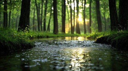 Fototapeta premium A tranquil forest scene featuring a flowing river and sunlight
