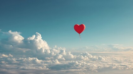 Fototapeta premium Red heart balloon floats in the vast, cloudy sky
