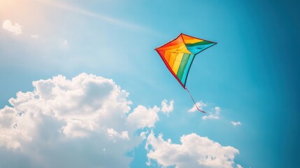 A colorful kite soaring in the sky against fluffy white clouds on a warm summer afternoon.