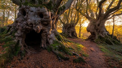 Large old trees with hollows and moss in a sunlit forest