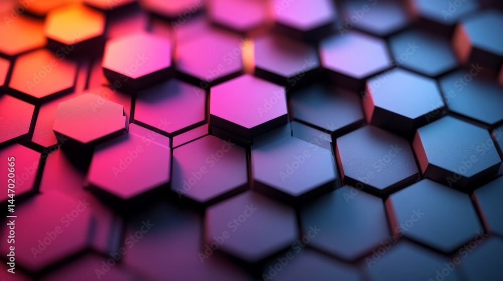 Poster abstract futuristic surface with hexagonal grid structure illuminated in vibrant gradient colors, cr